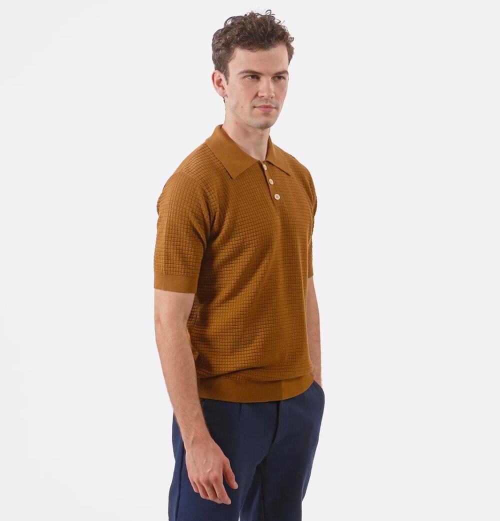 $160 FAR AFIELD Brown Renard Organic Cotton Polo Waffle Knit Sweater Mens Medium